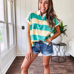 Oversized butter yellow and washed green wide striped Rugby style top with white collar and 1/4 metal button placket and cuffs.