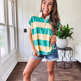 Oversized butter yellow and washed green wide striped Rugby style top with white collar and 1/4 metal button placket and cuffs.