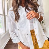 Thin, lightweight long sleeved button down blouse featuring white and blue or olive stripes adorned with small pastel floral embroidery throughout.
