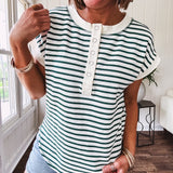 Cream and hunter green striped Henley tee shirt with 5 silver snap buttons on the front and U shaped hem.