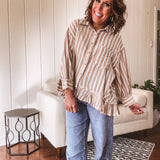 Mushroom 3/4 Sleeve Stripe Peplum Button Up