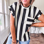 Soft, lightweight black and ivory color block striped tee with cuffed sleeves and front pocket.