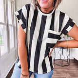 Soft, lightweight black and ivory color block striped tee with cuffed sleeves and front pocket.