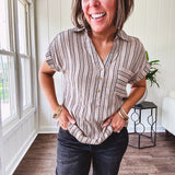 Soft, lightweight mocha and black striped collared shirt with V neck and 3 faux wooden buttons on the front, front pocket and cuffed sleeves.