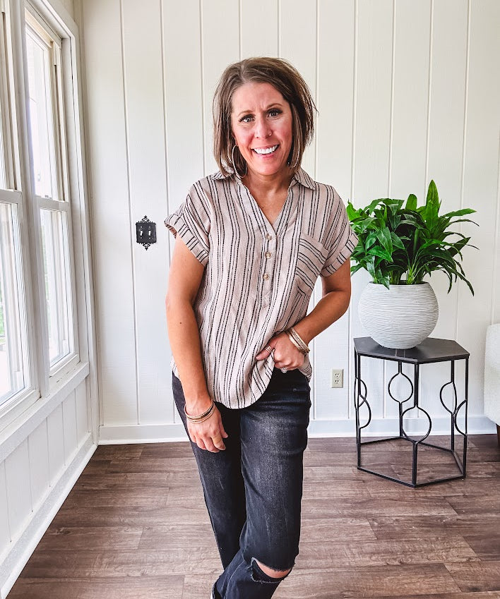 Soft, lightweight mocha and black striped collared shirt with V neck and 3 faux wooden buttons on the front, front pocket and cuffed sleeves.