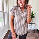Soft, lightweight mocha and black striped collared shirt with V neck and 3 faux wooden buttons on the front, front pocket and cuffed sleeves.