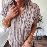 Soft, lightweight mocha and black striped collared shirt with V neck and 3 faux wooden buttons on the front, front pocket and cuffed sleeves.