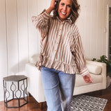 Mushroom 3/4 Sleeve Stripe Peplum Button Up