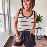Soft, crocheted oatmeal and black striped round neck tank with black trim.