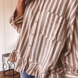 Mushroom 3/4 Sleeve Stripe Peplum Button Up
