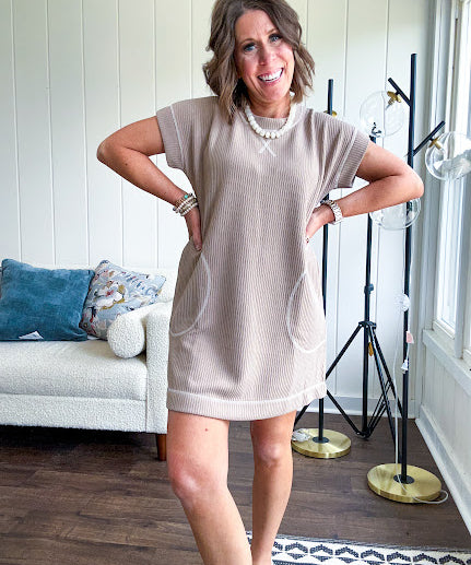 Ribbed knit mini T shirt dress in mocha with contrasting white stitching throughout and pockets.