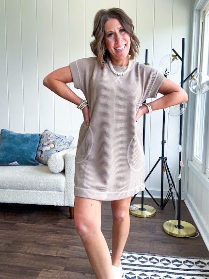 Ribbed knit mini T shirt dress in mocha with contrasting white stitching throughout and pockets.