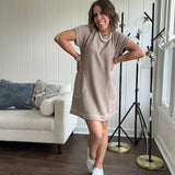 Ribbed knit mini T shirt dress in mocha with contrasting white stitching throughout and pockets.