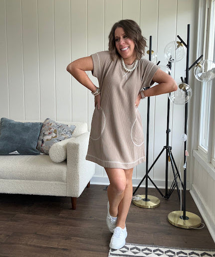 Ribbed knit mini T shirt dress in mocha with contrasting white stitching throughout and pockets.