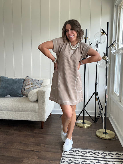 Ribbed knit mini T shirt dress in mocha with contrasting white stitching throughout and pockets.