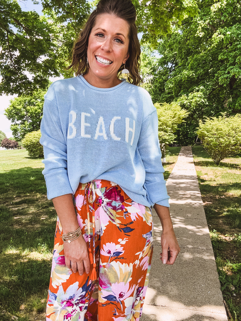 Baby Blue + White BEACH Woven Lightweight Pullover