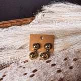 Gold ball post back earrings with gold ball connected by chain link on a post back