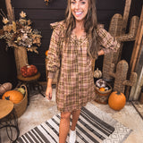 Taupe Plaid Mix Button Front Dress