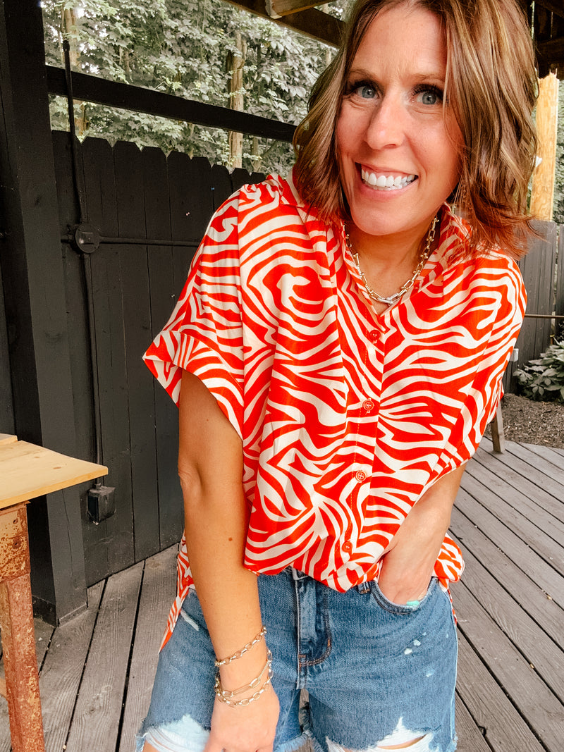 Orange Zebra Collared Dolman Button Up