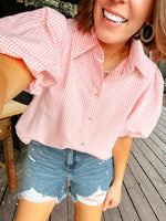 Blush Soft Check Balloon Sleeve Button Up