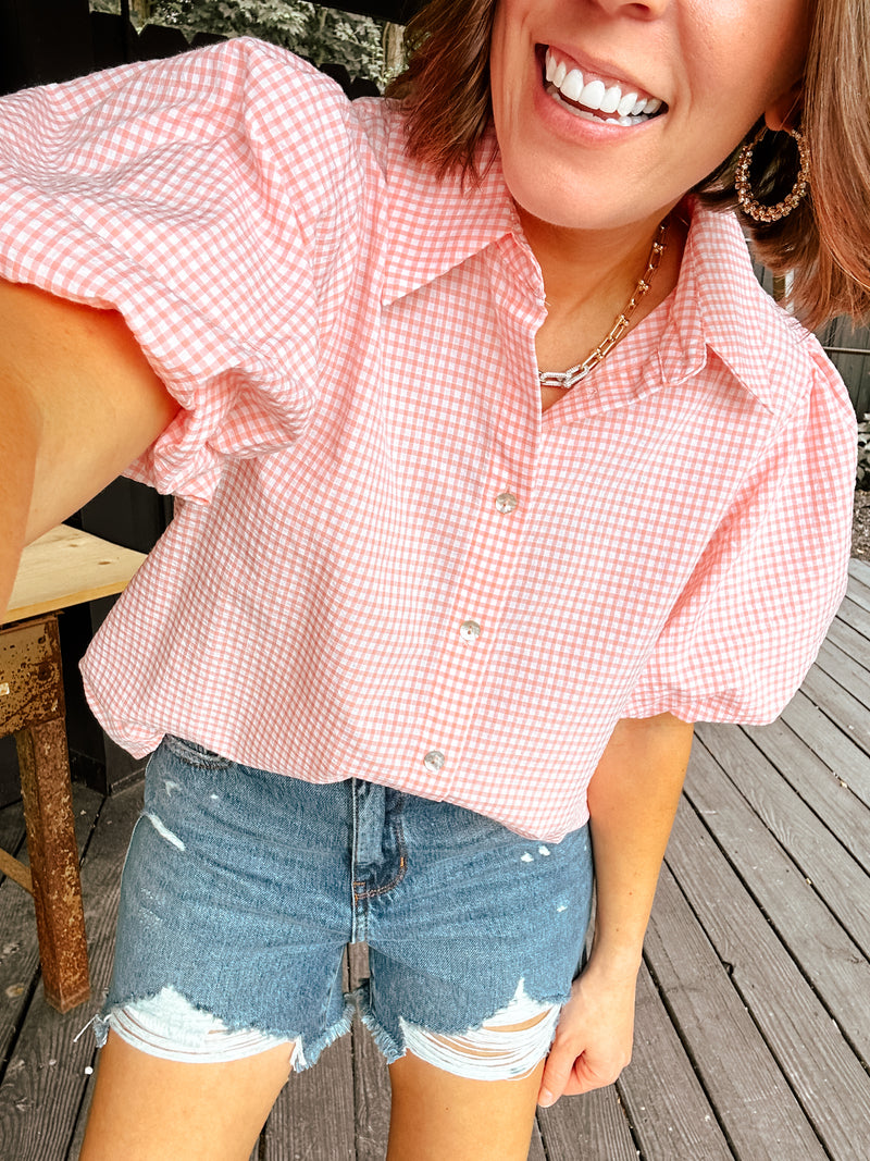 Blush Soft Check Balloon Sleeve Button Up