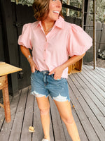 Blush Soft Check Balloon Sleeve Button Up