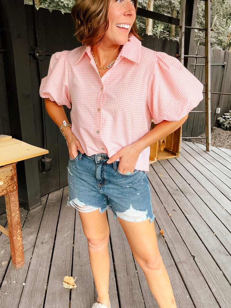 Blush Soft Check Balloon Sleeve Button Up