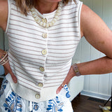 Ivory and taupe striped button down sweater vest with faux wood buttons.
