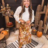 Silky gold, olive and maroon floral midi length skirt with elastic hem.