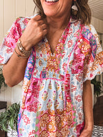Pink Boho Chic Mix Print Collared Short Sleeve Blouse