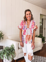 Pink Boho Chic Mix Print Collared Short Sleeve Blouse