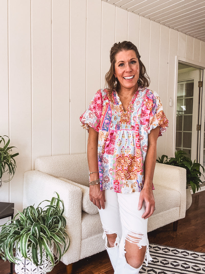 Pink Boho Chic Mix Print Collared Short Sleeve Blouse