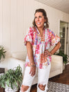 Pink Boho Chic Mix Print Collared Short Sleeve Blouse