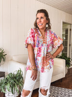 Pink Boho Chic Mix Print Collared Short Sleeve Blouse
