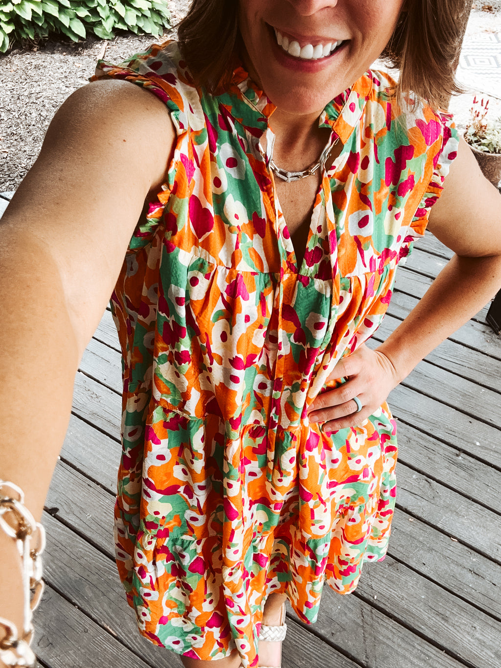 Orange + Green Floral Tiered Sleeveless Dress