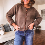 Olive + Brown Blanket Stitch Button Sweater