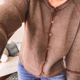 Olive + Brown Blanket Stitch Button Sweater