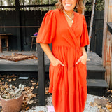 Rust Tiered Dress with Wrap Tie