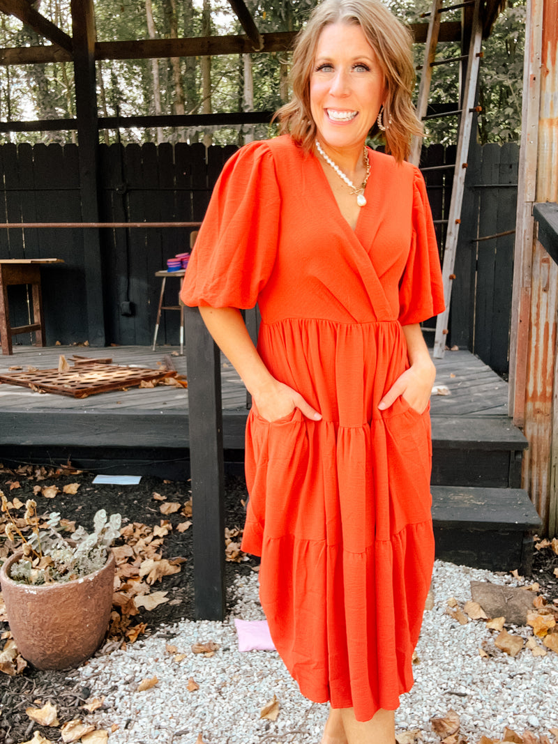 Rust Tiered Dress with Wrap Tie