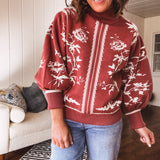 Red Bean Mirrored Pattern Mock Neck Sweater