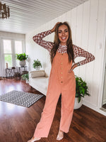 Washed Apricot Denim Button Front Jumpsuit
