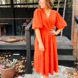 Rust Tiered Dress with Wrap Tie