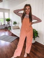 Washed Apricot Denim Button Front Jumpsuit