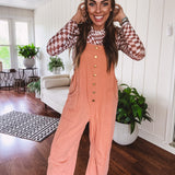 Washed Apricot Denim Button Front Jumpsuit