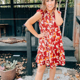 Wine Floral Satin Tiered Dress