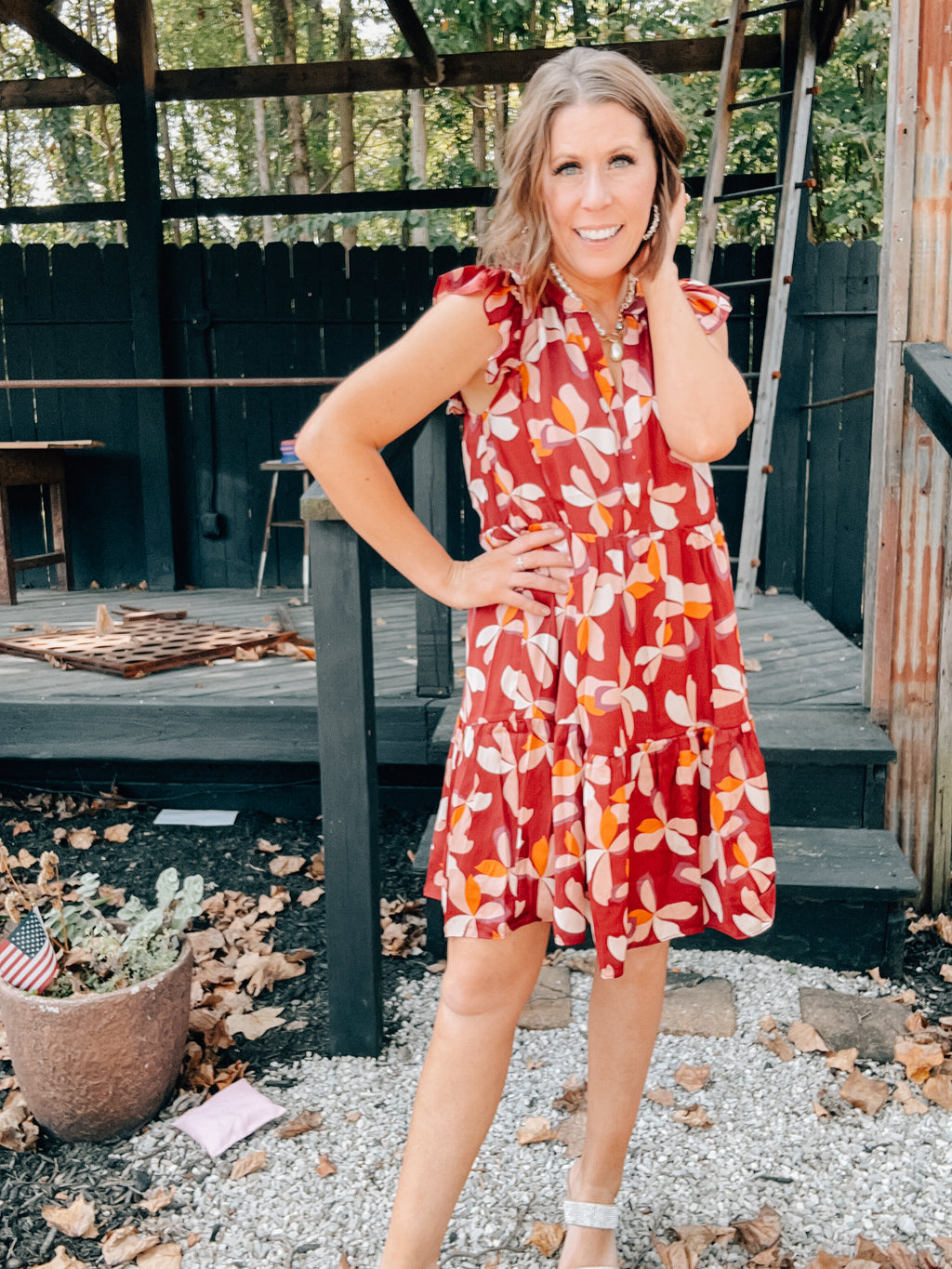 Wine Floral Satin Tiered Dress