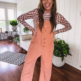 Washed Apricot Denim Button Front Jumpsuit