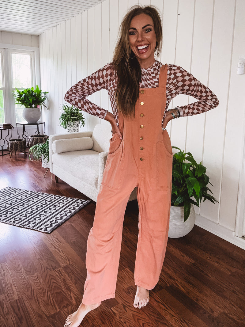 Washed Apricot Denim Button Front Jumpsuit