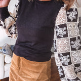 Black Flower Crochet Square Balloon Sleeve Top