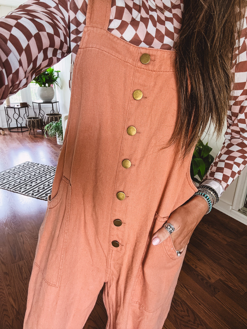 Washed Apricot Denim Button Front Jumpsuit